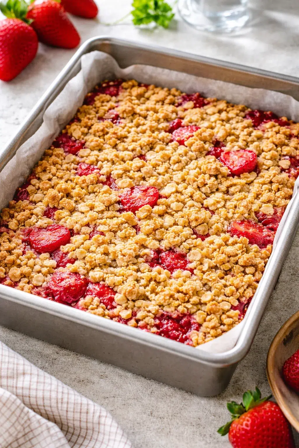 Baked strawberry oat bars cooling undisturbed in pan, edges set and surface no longer steaming.
