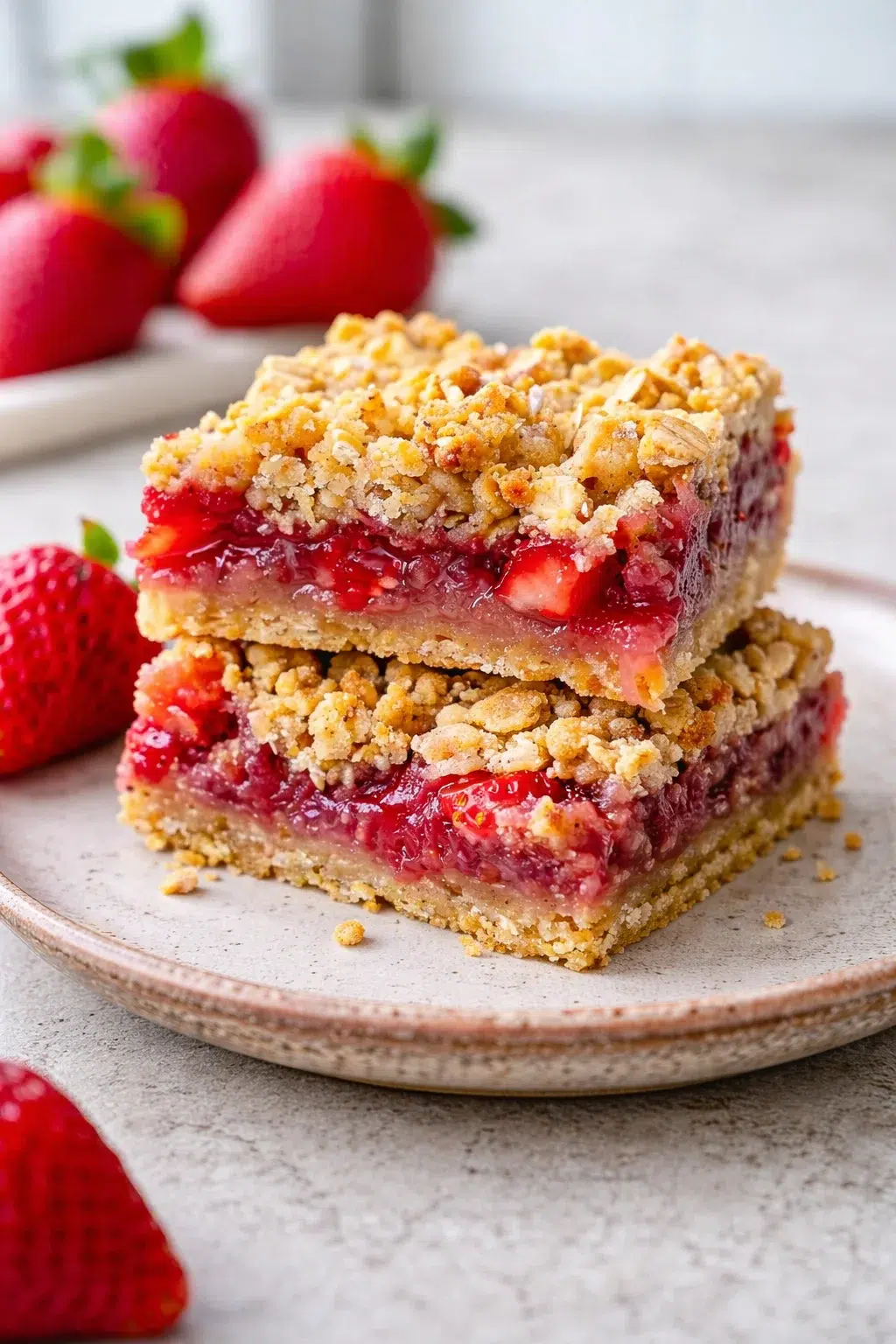 Final plated Easy Strawberry Oatmeal Crumble Bars Recipe served as a hero shot