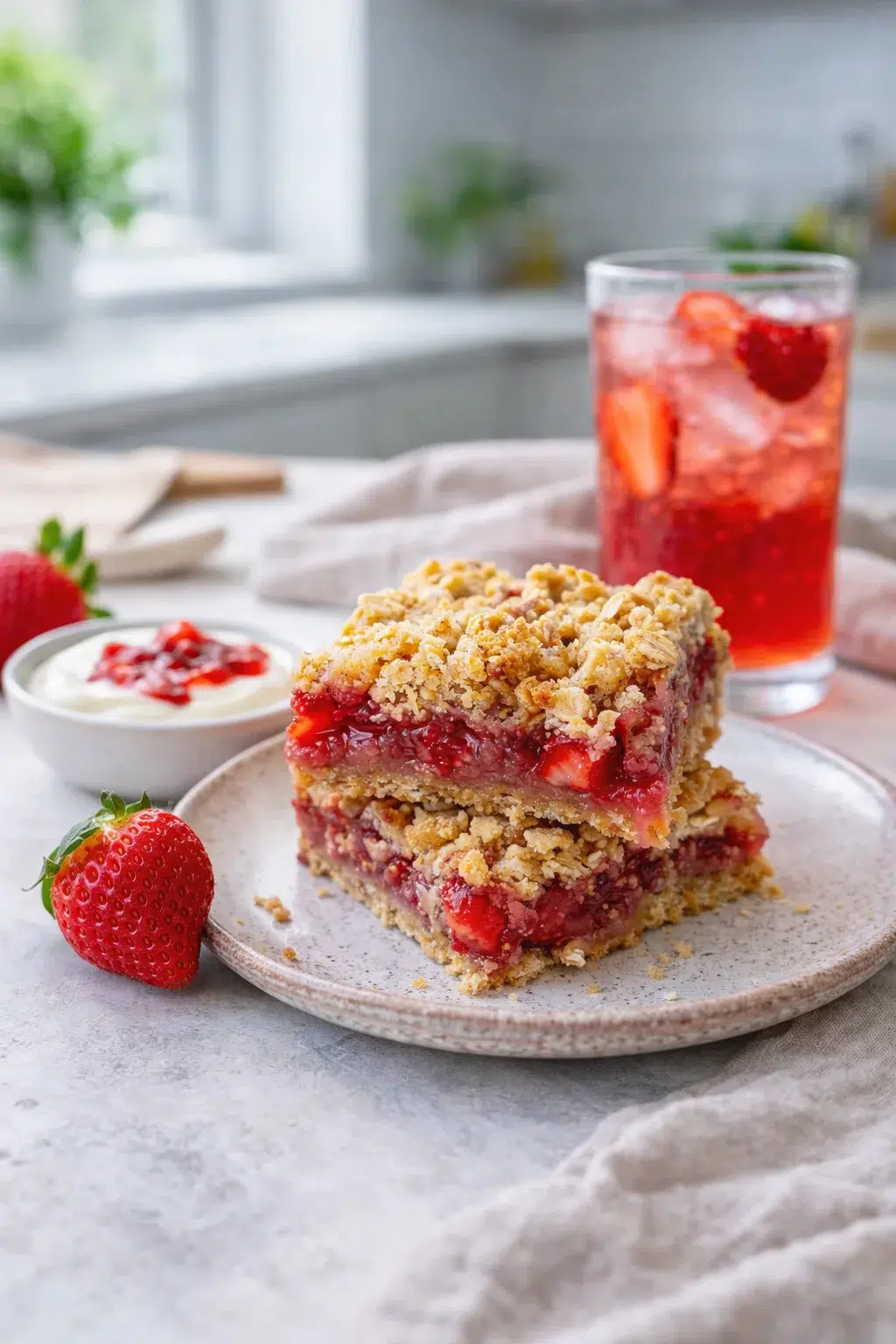 closing_final_dish-placeholder.png Alternative angle of Easy Strawberry Oatmeal Crumble Bars Recipe served with a pairing