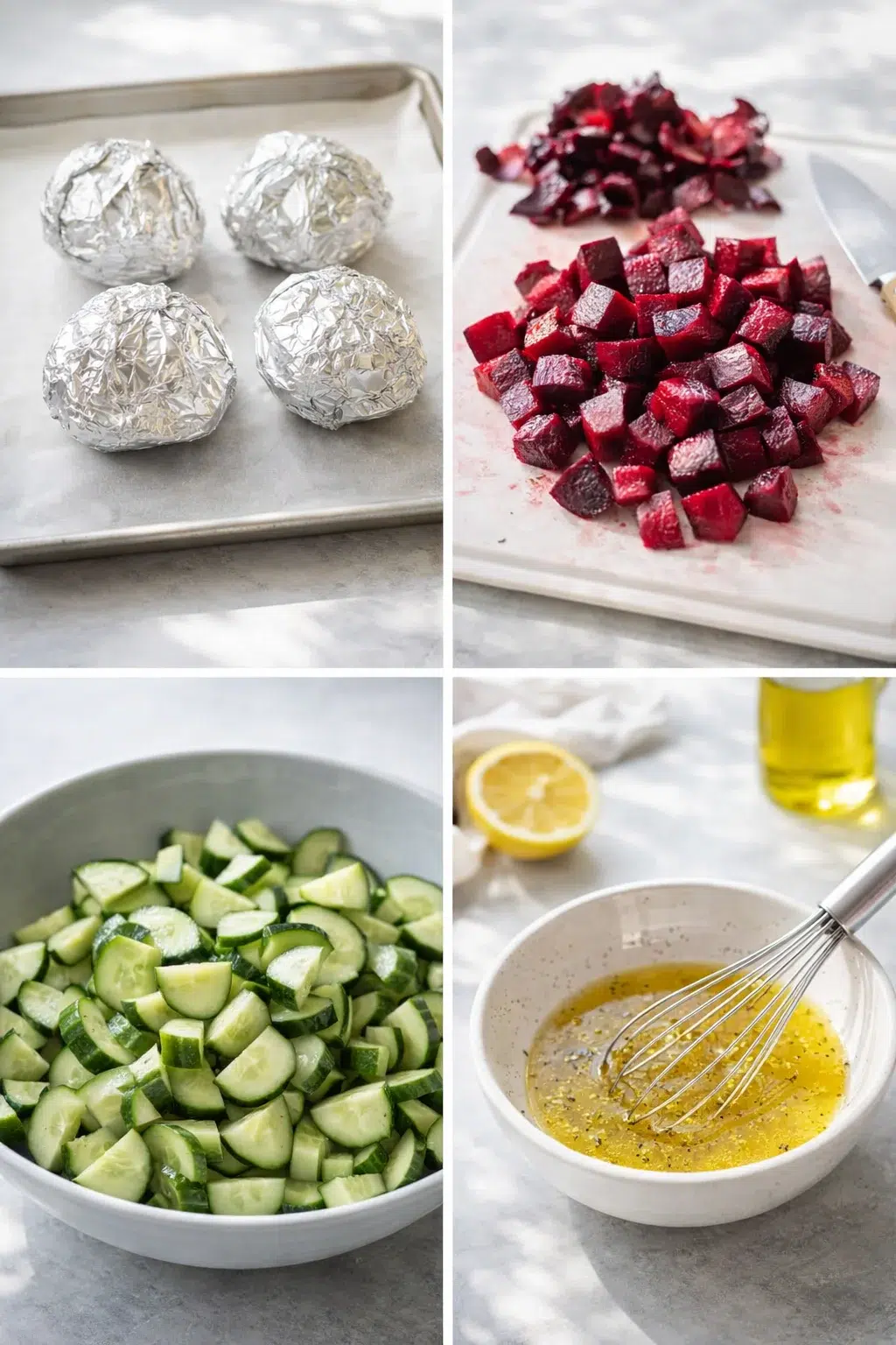 step-process-placeholder-1-4.png Foil-wrapped beets on a baking sheet, sliced cucumbers in bowl, dressing being whisked nearby.