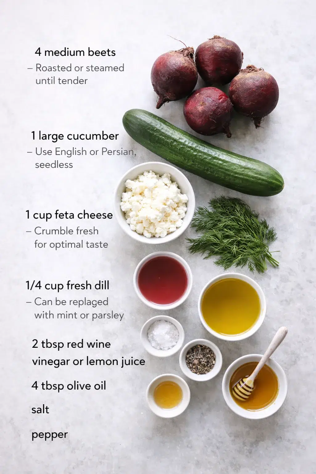ingredients-placeholder.png Measured ingredients arranged for Vibrant Beet Salad with Feta and Cucumbers for Fresh Flavor!: 4 medium beets — Roasted or steamed until tender, 1 large cucumber — Use English or Persian, seedless, 1 cup feta cheese — C