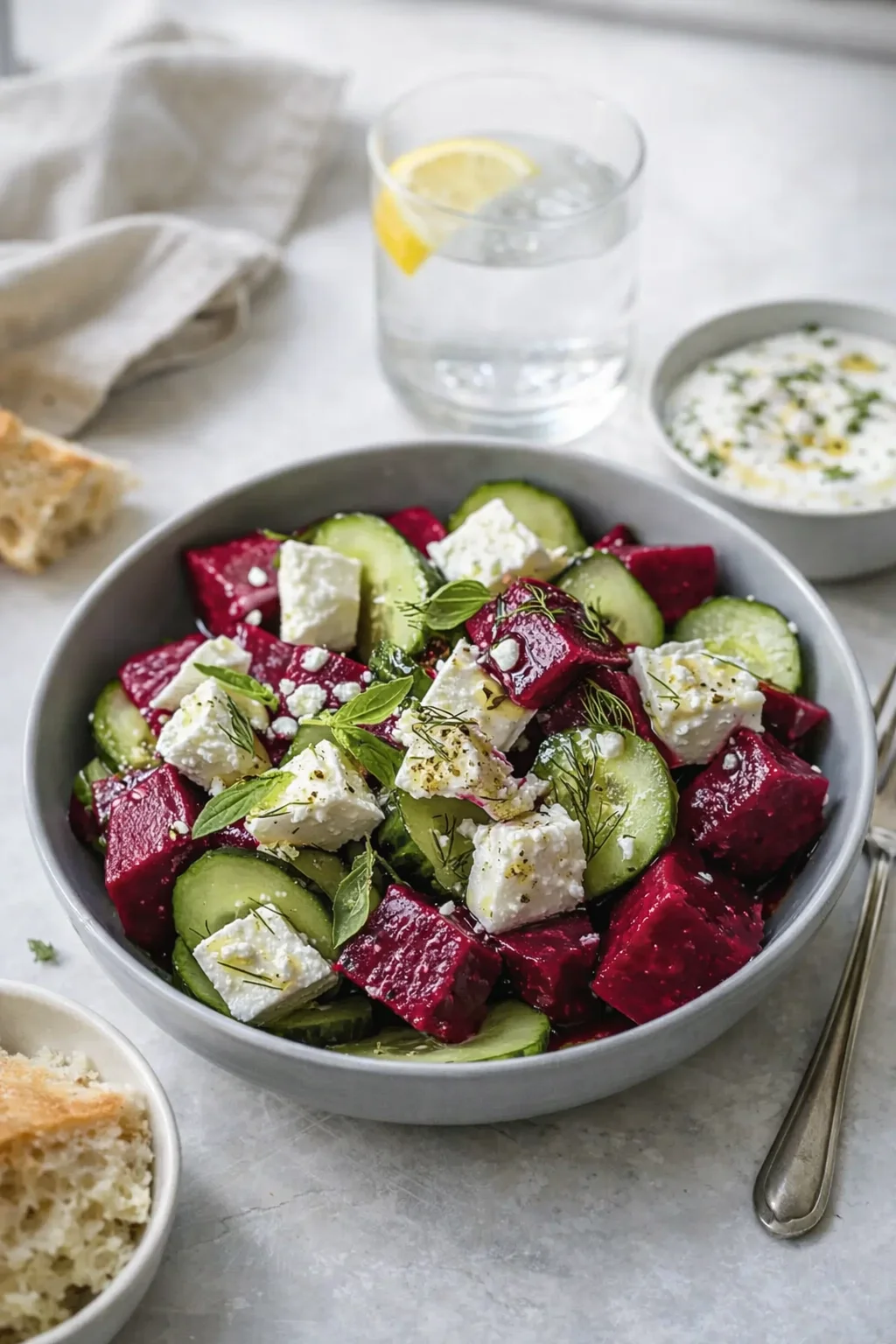 closing_final_dish-placeholder.png Alternative angle of Vibrant Beet Salad with Feta and Cucumbers for Fresh Flavor! served with a pairing
