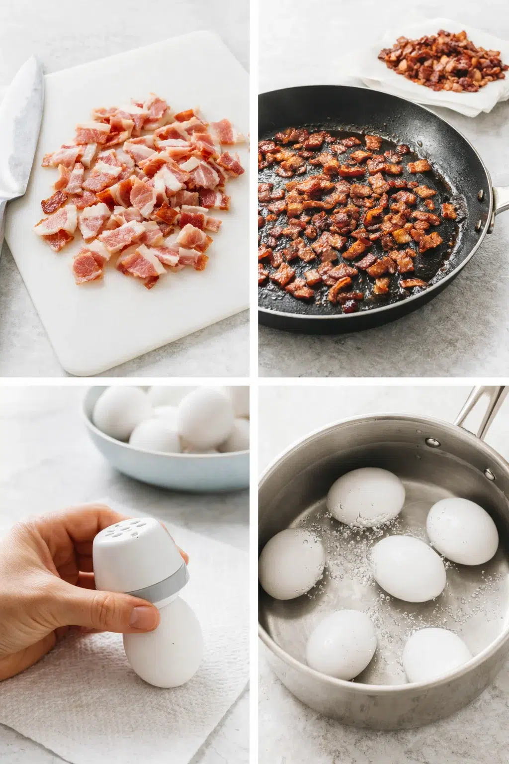 Chopped bacon pieces and crispy pan bacon alongside eggs with pierced ends in saucepan