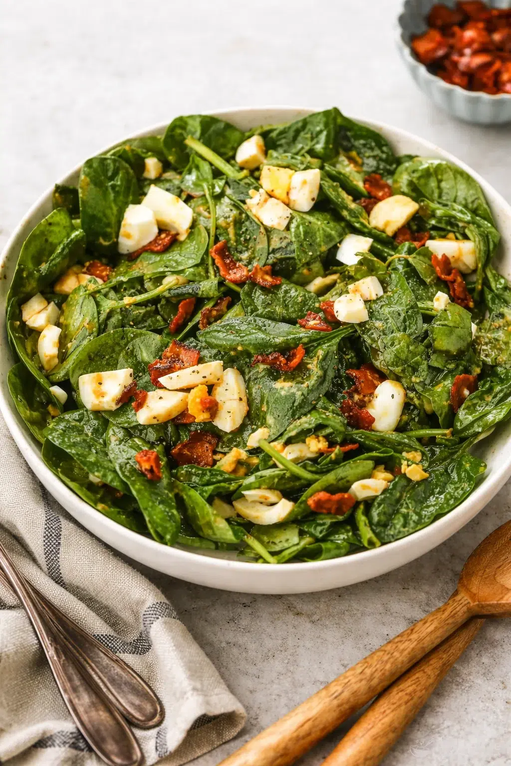Final plated Classic Spinach Salad served as a hero shot