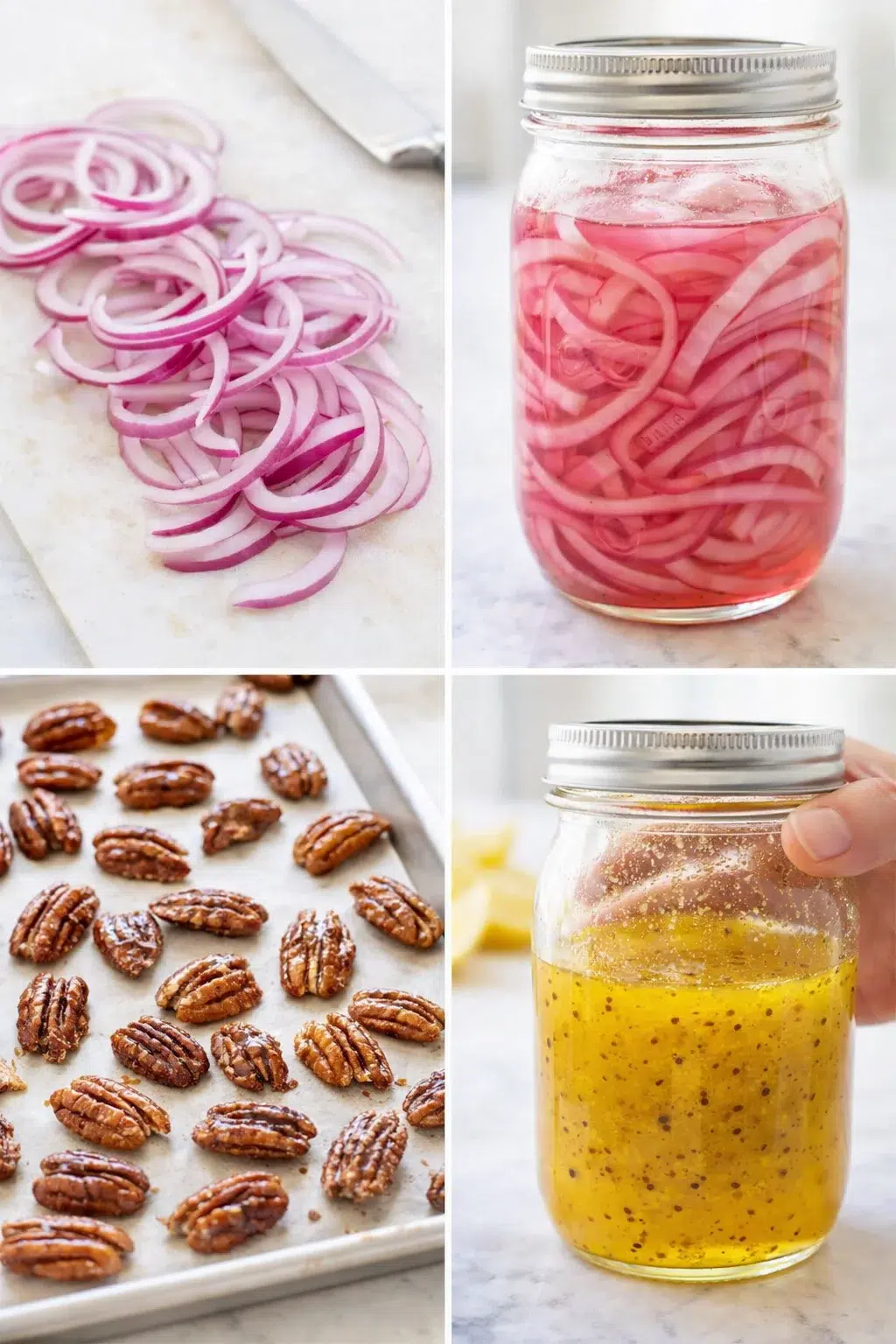 Thin red onion slices in jar of pickling liquid; candied pecans cooling and mason-jar dressing