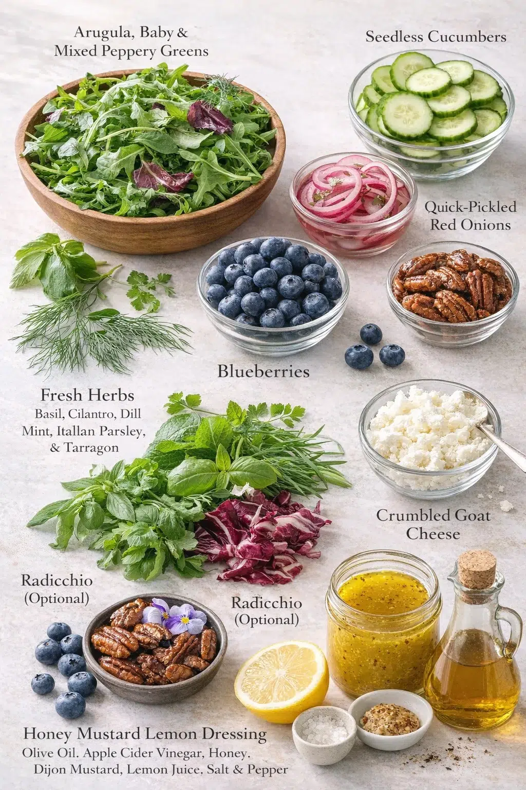 Measured ingredients arranged for Blueberry Arugula Herb Salad: Arugula (baby or mixed peppery greens), Fresh blueberries, Seedless cucumbers (European or hothouse), thinly sliced, About 2½ cups fresh herbs — I like basi