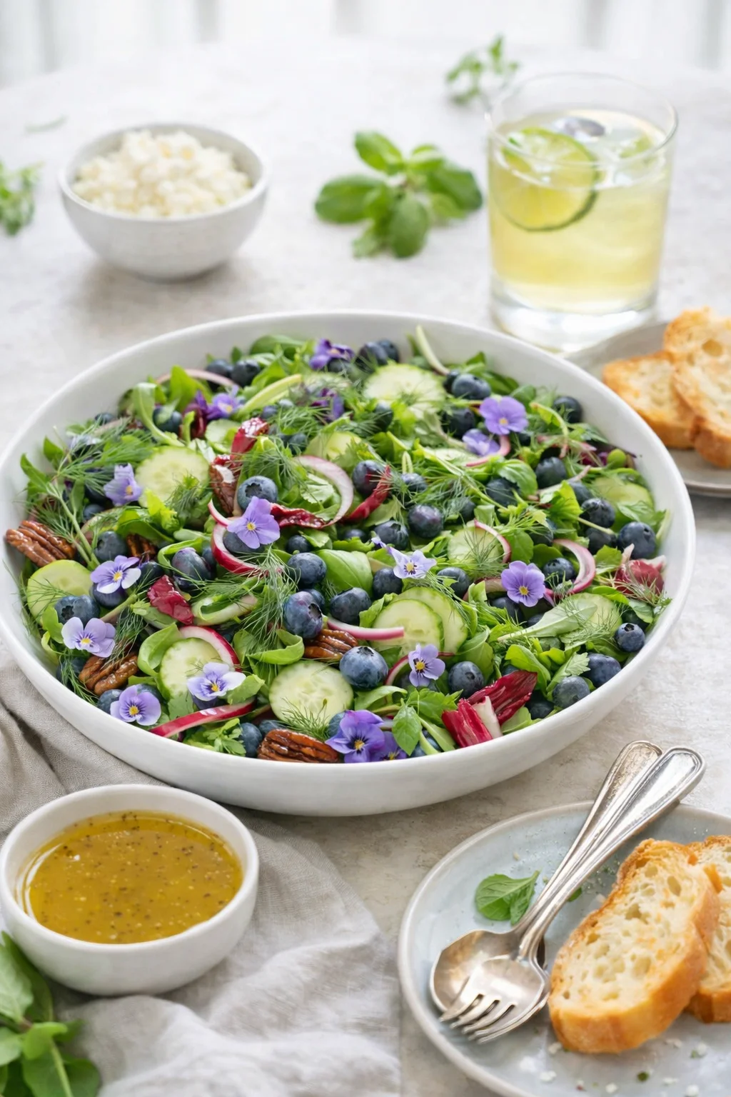 Alternative angle of Blueberry Arugula Herb Salad served with a pairing