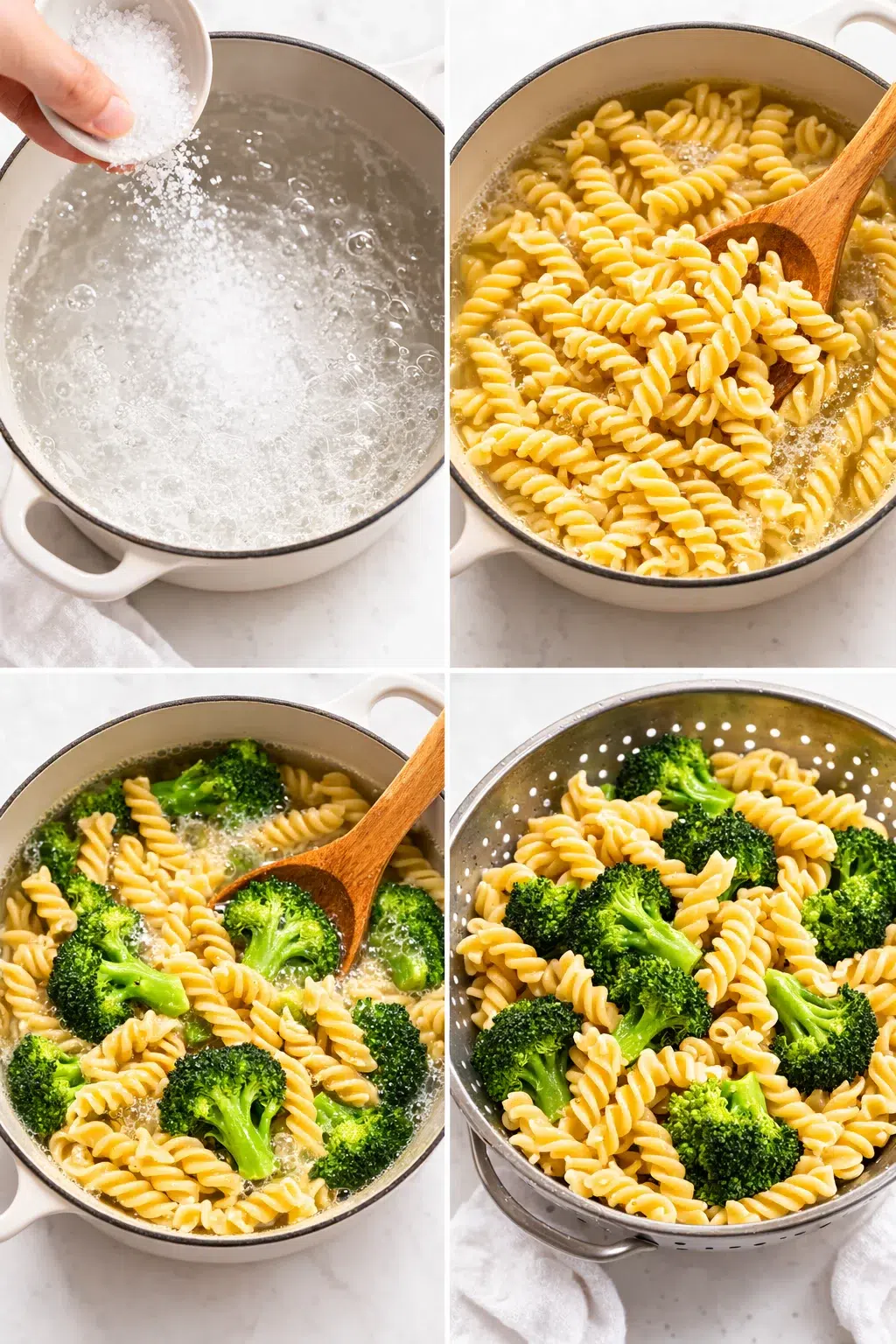 step-process-placeholder-1-4.png Pasta and bright green broccoli draining in a colander after boiling until just shy of al dente.