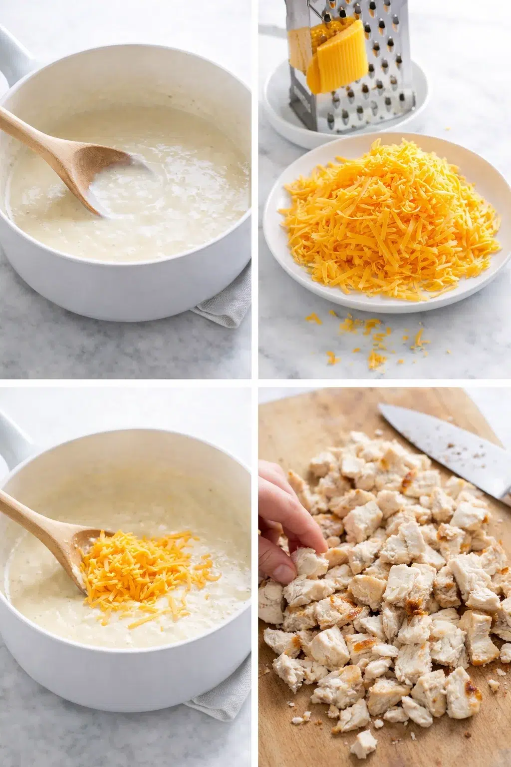 step-process-placeholder-9-12.png Hands grating sharp cheddar over bowl, thick creamy mushroom sauce visible beside shredded chicken.