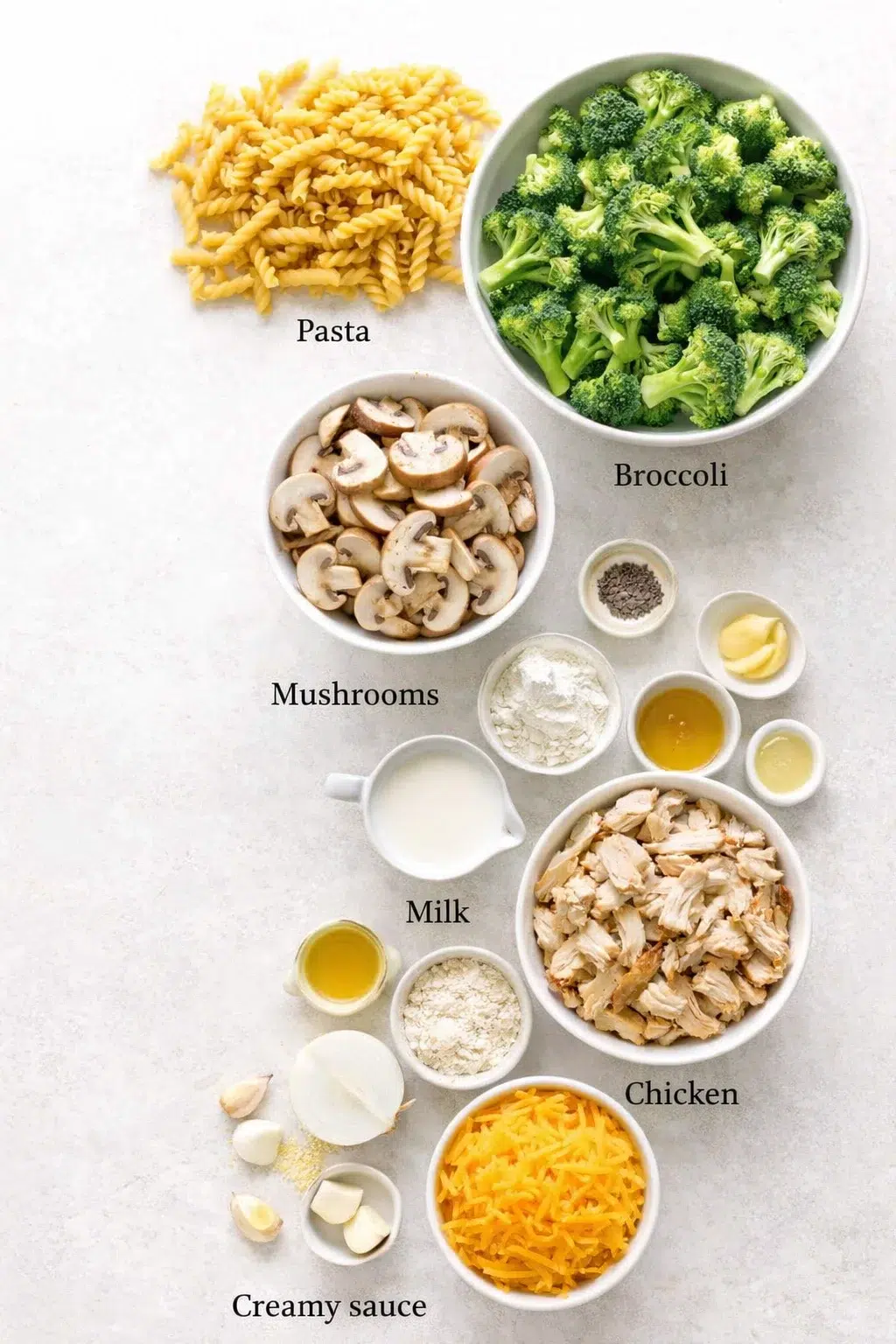 ingredients-placeholder.png Measured ingredients arranged for Healthier Broccoli Chicken Casserole: Pasta: Any type you prefer will work—classic semolina, whole-wheat for extra fiber, gluten-free if needed, or egg pasta for richness. Pick your favo