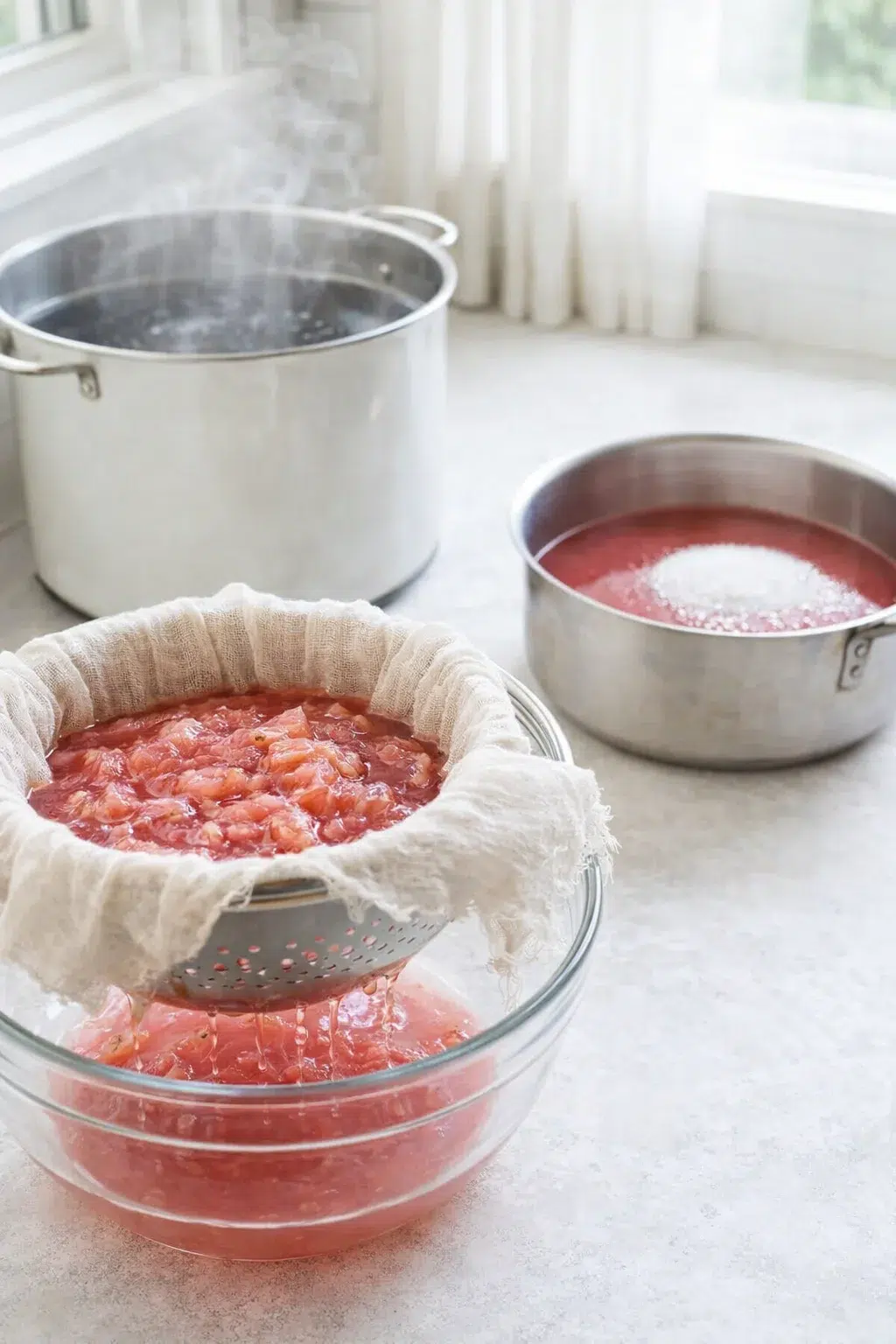 step-process-placeholder-5-8.png Strainer lined with damp cheesecloth drips rhubarb juice into a bowl beside a preheated canner and saucepan