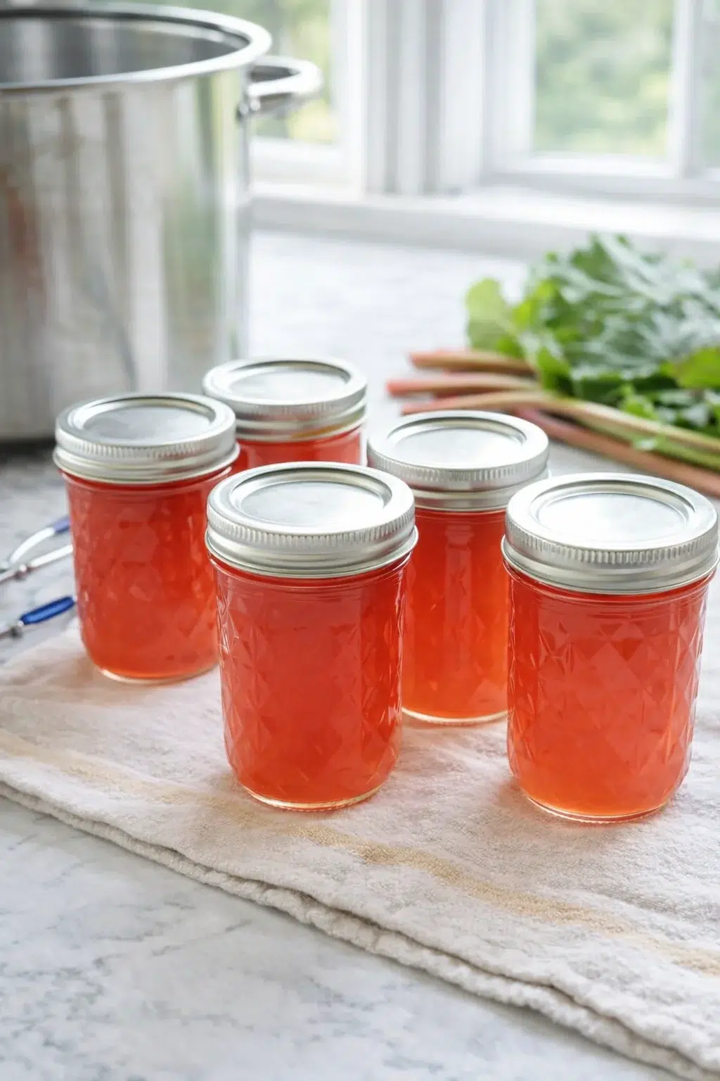 step-process-placeholder-9-12.png Hot rhubarb juice being ladled into sterilized jars, lids finger-tight, ready for water-bath processing