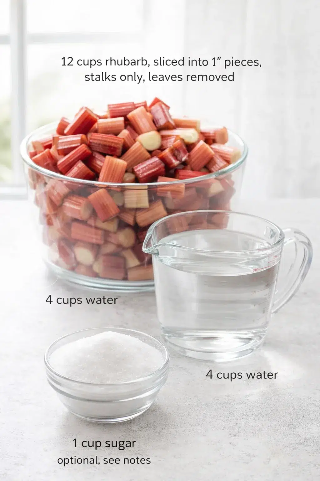 ingredients-placeholder.png Measured ingredients arranged for Rhubarb Juice Concentrate (with Canning Instructions): 12 cups rhubarb, sliced into 1” pieces, stalks only, leaves removed, 4 cups water, 1 cup sugar, optional, see notes