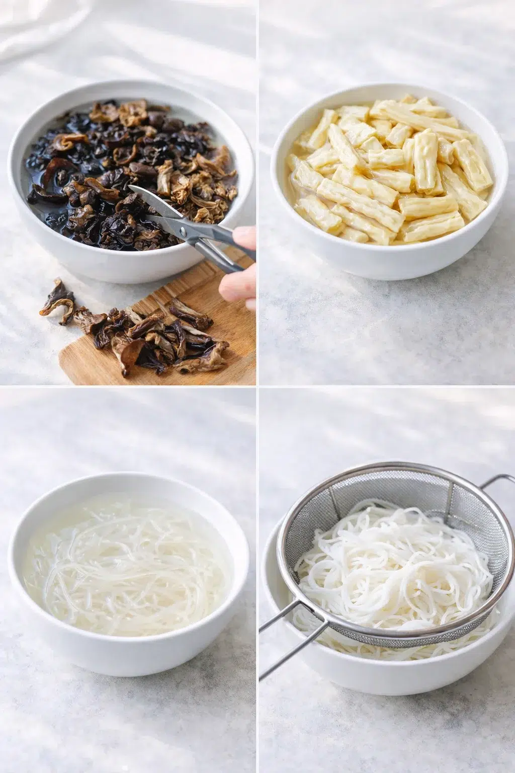 step-process-placeholder-1-4.png Bowls with rehydrating dried mushrooms, soaked bean threads, mung vermicelli, and drained rice noodles.