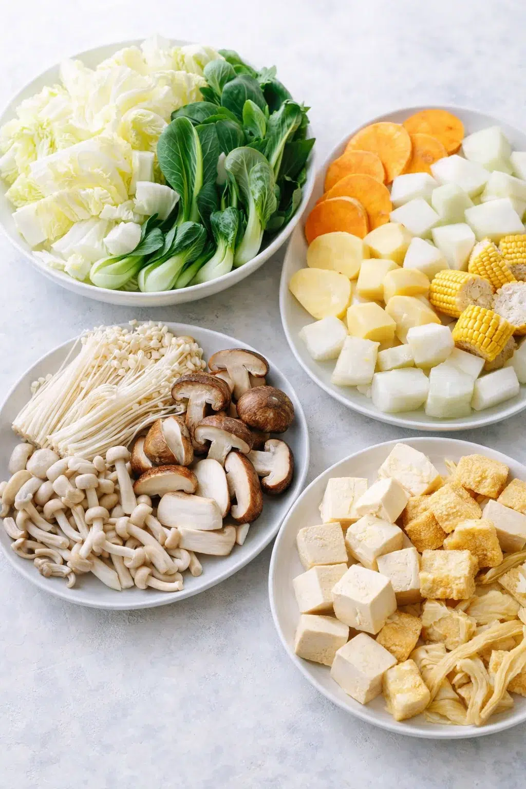 step-process-placeholder-5-8.png Assorted vegetables and mushrooms neatly trimmed and sliced, leafy greens washed and tofu cubed.