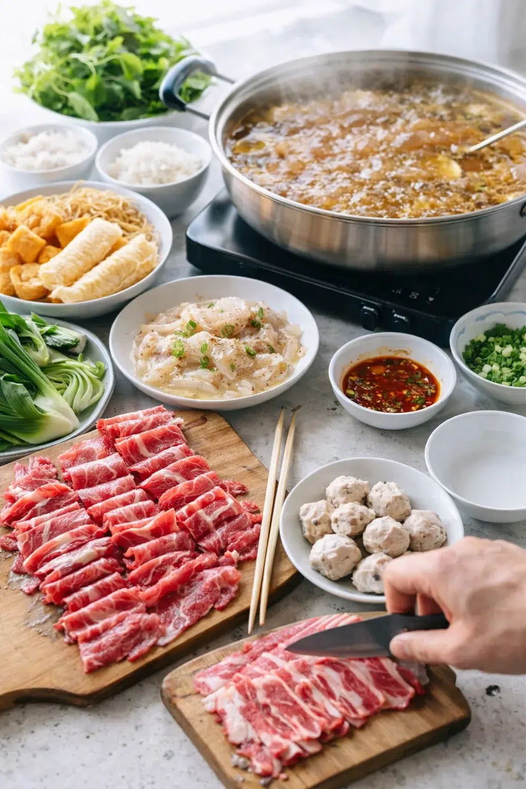 step-process-placeholder-9-12.png Thinly sliced partially frozen meat and arranged condiment plates surrounding a boiling hot-pot broth.