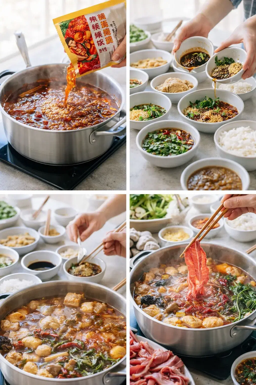 step-process-placeholder-13-16.png Soup base packet being poured into pot while guests mix dipping sauces at table.