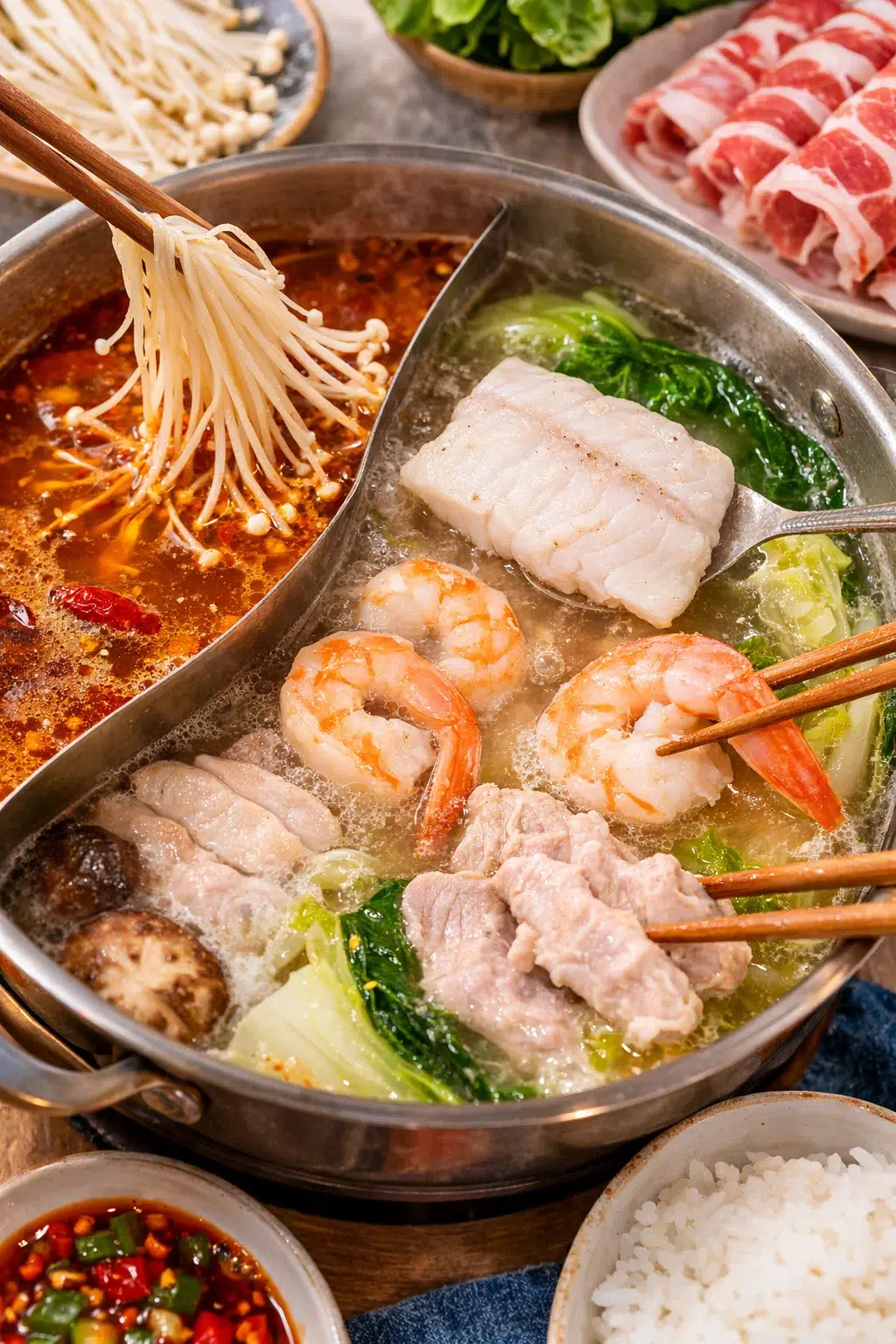 step-process-placeholder-17-20.png Various proteins—enoki mushrooms, fish slices, shrimp, and chicken—cooking in simmering broth.