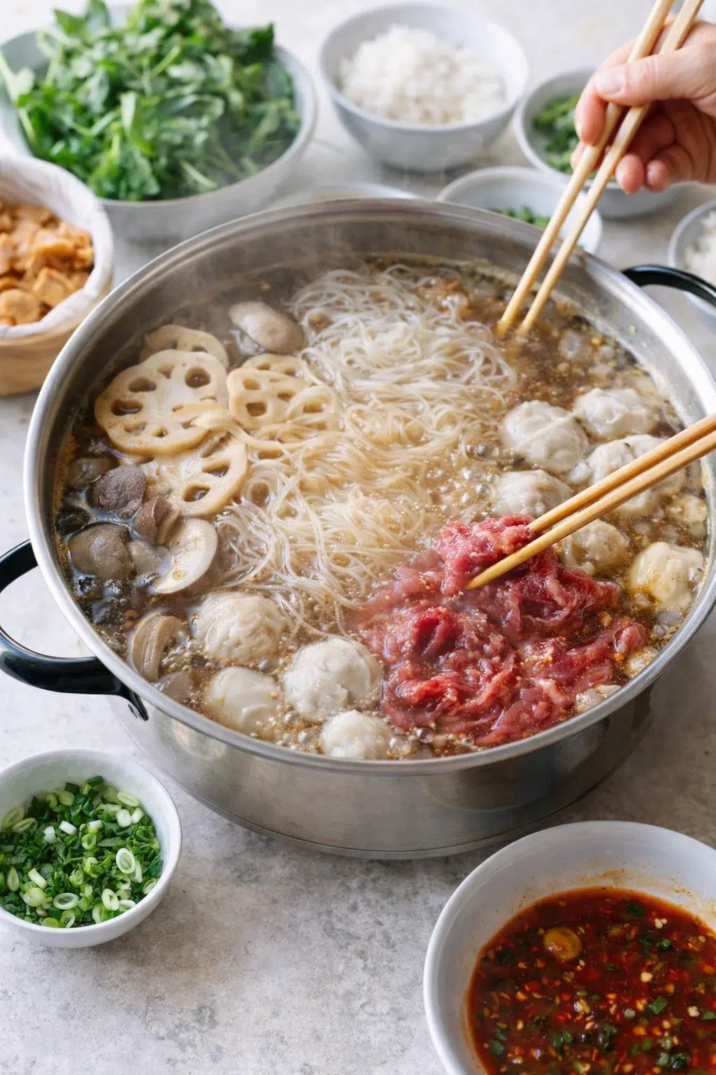 step-process-placeholder-21-24.png Noodles, firm mushrooms, lotus root, and dumplings simmering together in the bubbling hot pot.