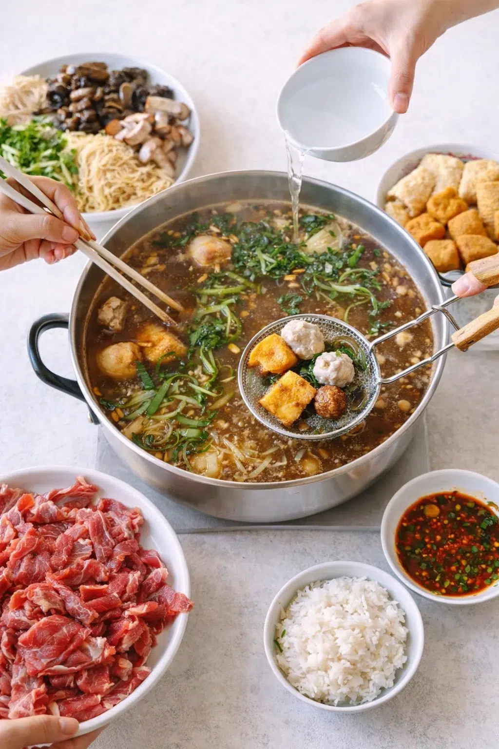 step-process-placeholder-25-26.png Separate tongs and strainers for raw and cooked items beside a ladle diluting broth.
