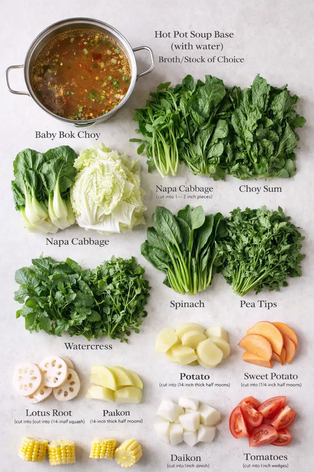 ingredients-placeholder.png Measured ingredients arranged for Chinese Hot Pot at Home: Hot pot soup base (with water) or broth/stock of choice, Baby bok choy (washed thoroughly), Napa cabbage (washed, cut into 1–2 inch pieces), Choy sum (washed tho