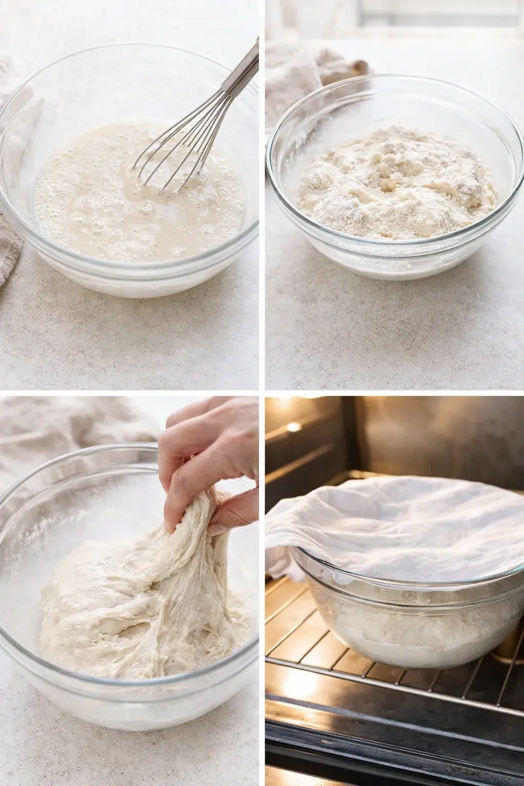 Whisked sourdough starter in bowl transitioning to sticky dough, hand performing stretch-and-fold, dough covered in bowl in oven