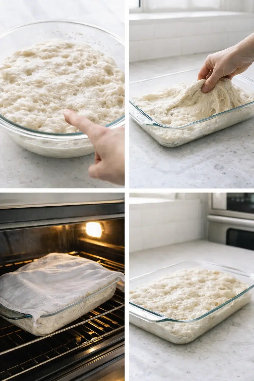 Bubbly dough in sprayed 9×13 pan being gently tucked, then removed to counter as oven preheats