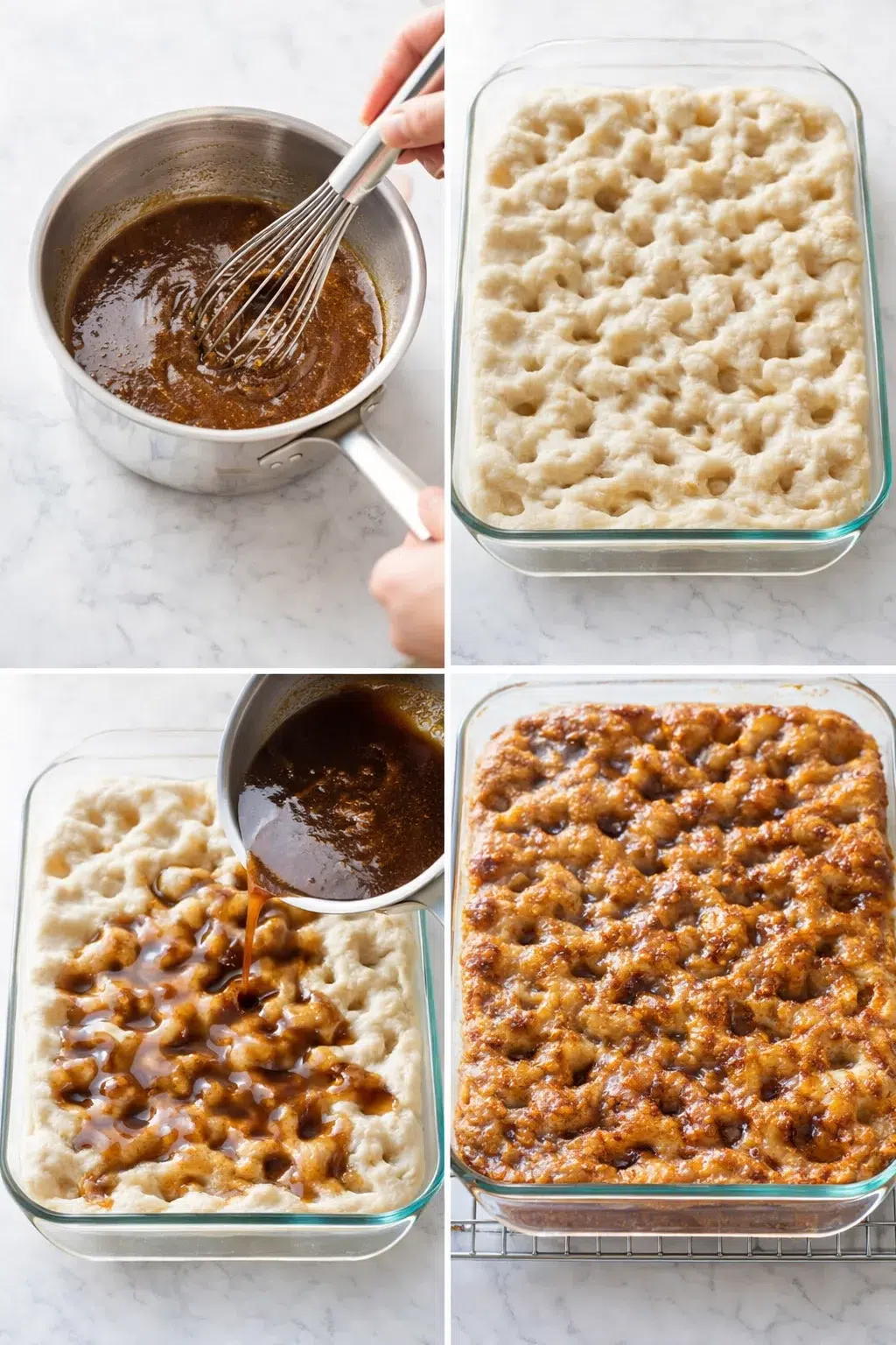 Saucepan with melted butter and whisked cinnamon-sugar mixture, dimpled dough in pan being topped and baking golden