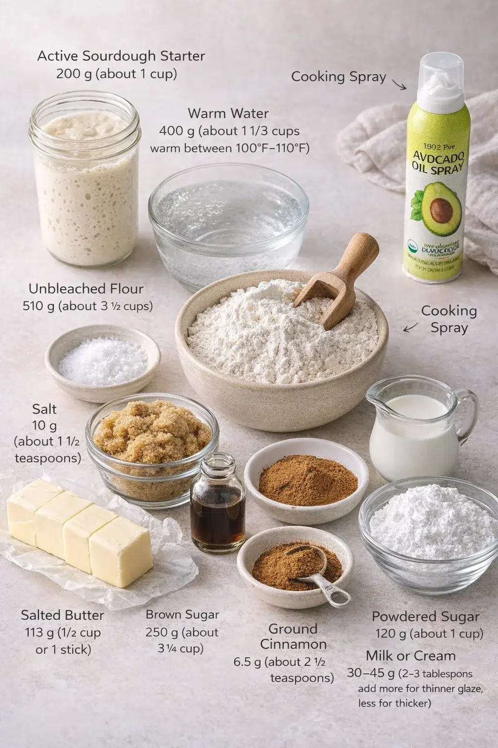 Measured ingredients arranged for Sourdough Cinnamon Roll Focaccia: 200 g active sourdough starter (about 1 cup), 400 g warm water (about 1 2/3 cups; warm between 100°F–110°F), 10 g salt (about 1 1/2 teaspoons), 510 g un