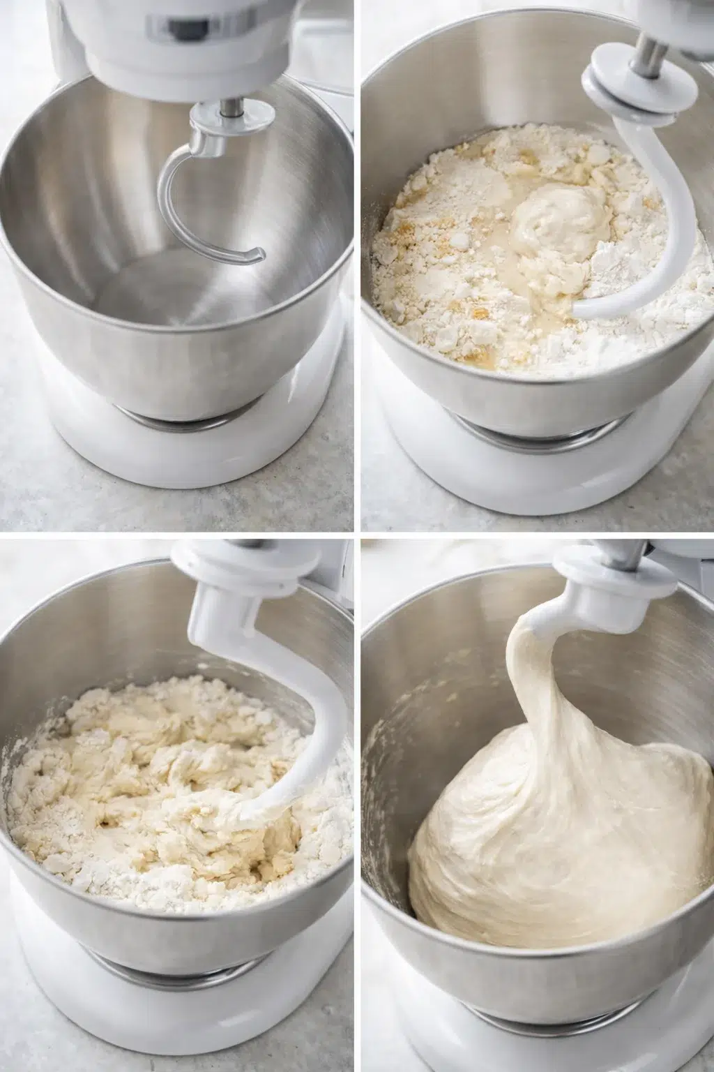 Mixer bowl with flour, water, salt, and starter; dough hook mixing into elastic dough.