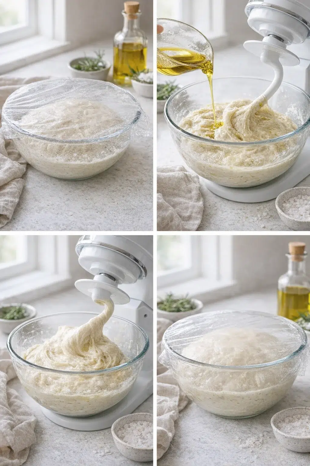 Mixer drizzling olive oil into dough, then transferred to a greased covered bowl.