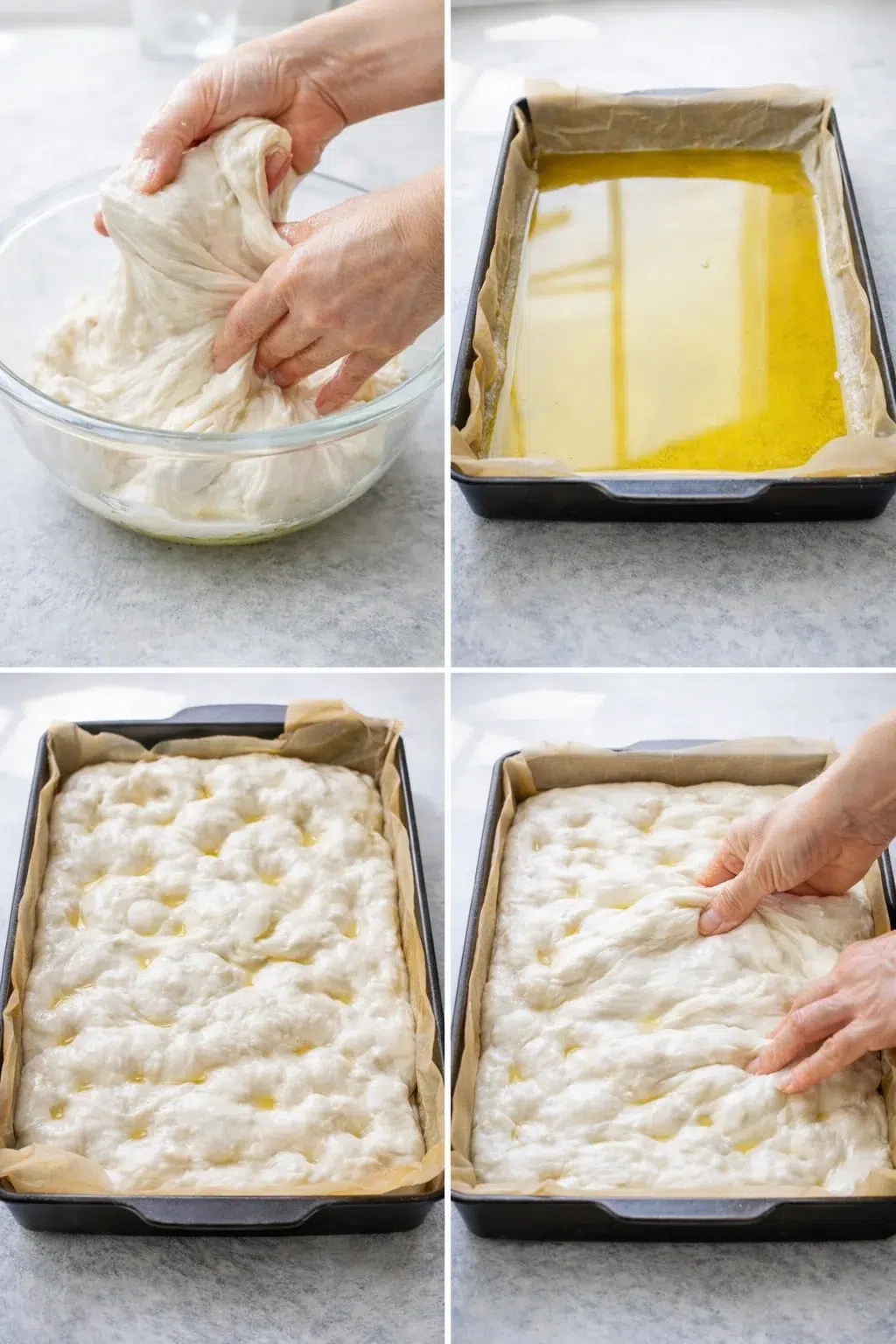 Wet hands lifting and folding dough during bulk fermentation beside oiled parchment-lined pan.