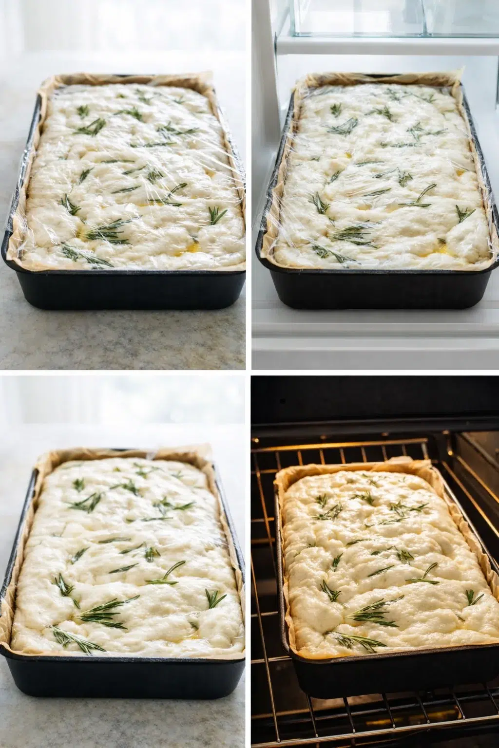 Bubbly dough filling pan, covered for proofing while oven preheats to 425°F.