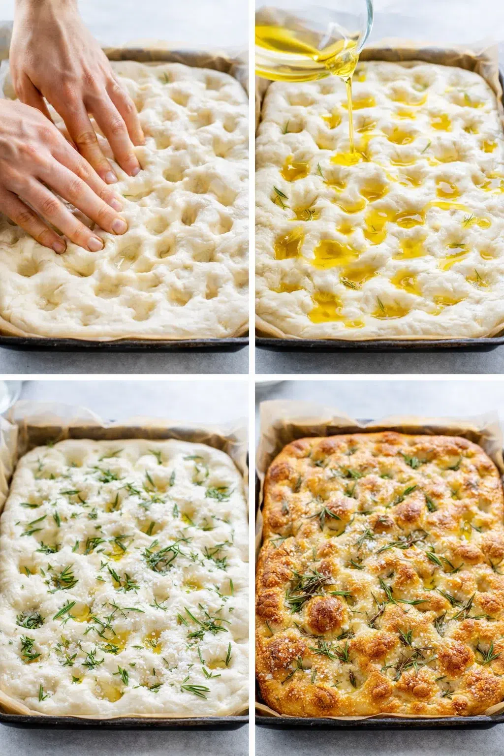 Oiled fingers dimpling dough, then drizzled with oil and topped with rosemary and salt.