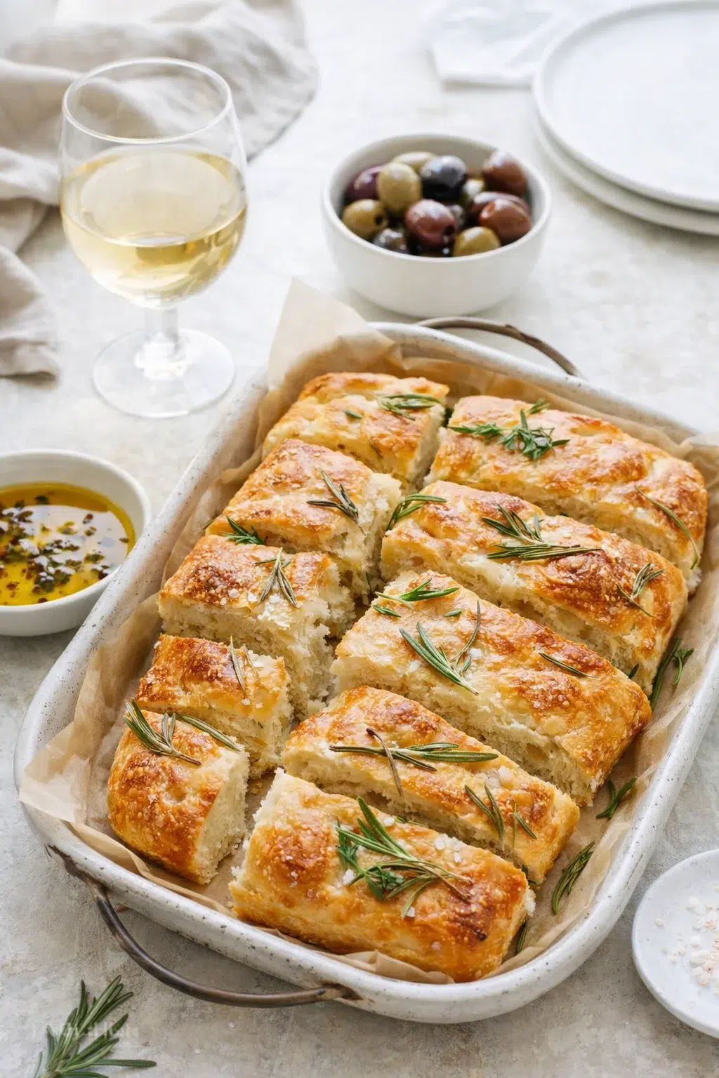 closing_final_dish-placeholder.png Alternative angle of Soft & Crispy Sourdough Focaccia Bread (Beginner Friendly) - Munchkin Time served with a pairing