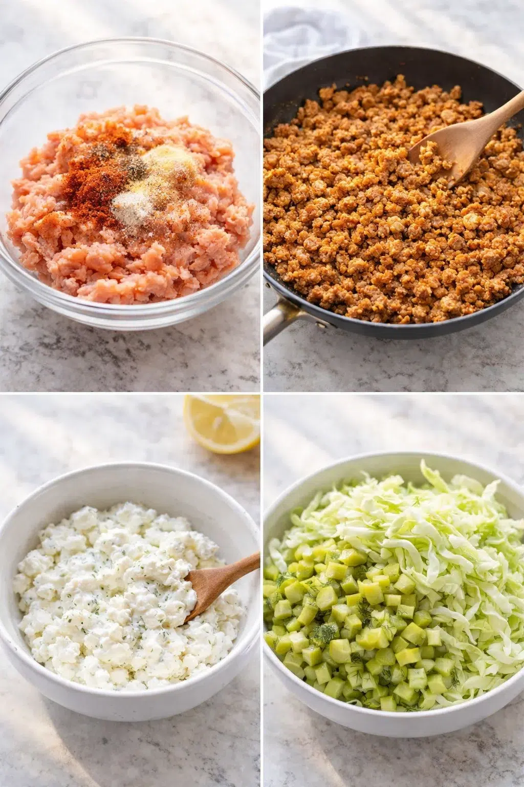 step-process-placeholder-1-4.png Seasoned ground chicken being mixed in a bowl, cooked crumbles, cottage-ranch mix, chopped pickles, shredded cabbage.