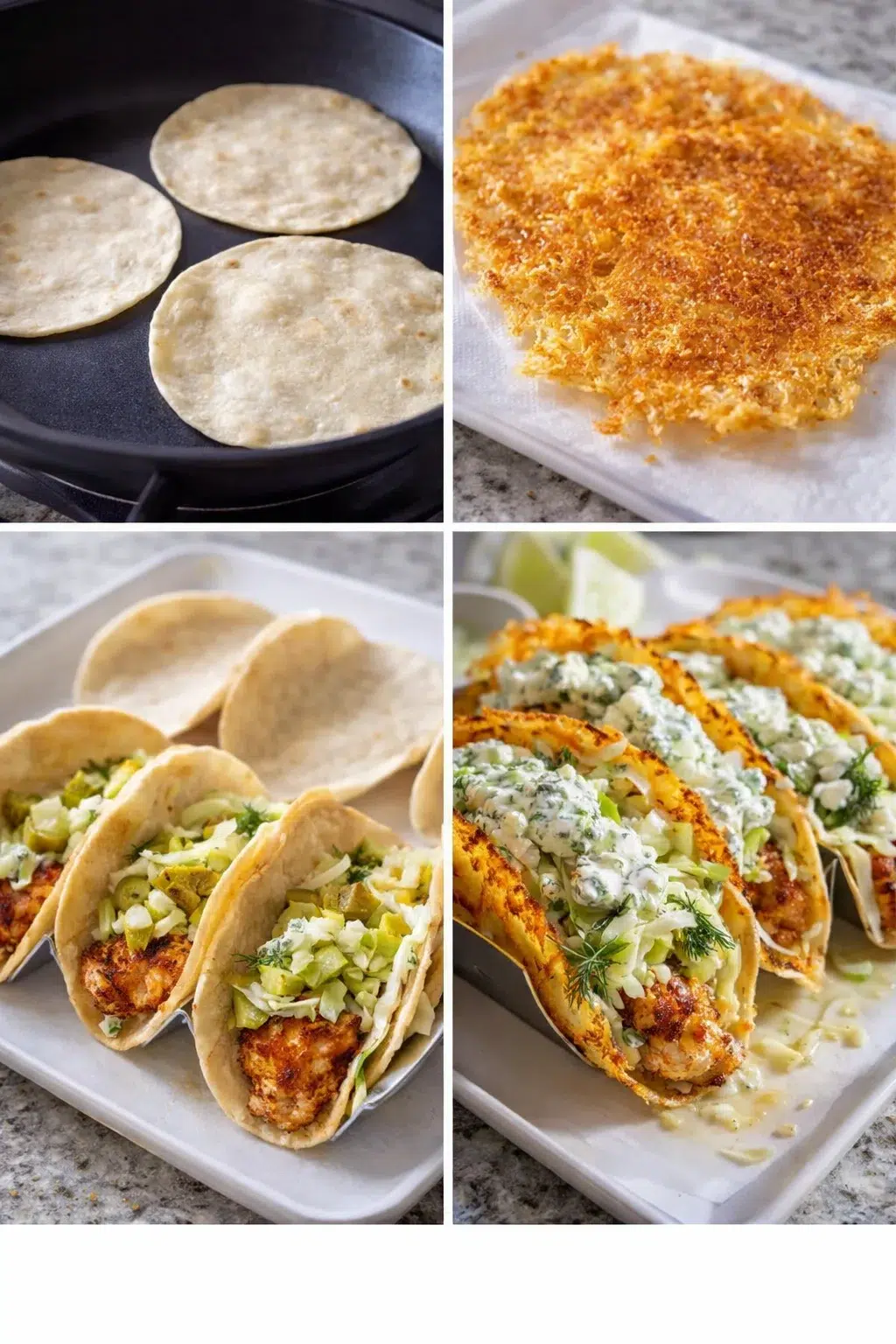 step-process-placeholder-5-8.png Warm tortillas being filled with chicken, chopped pickles, cabbage; cheese lace cooling; cottage-ranch dolloped.