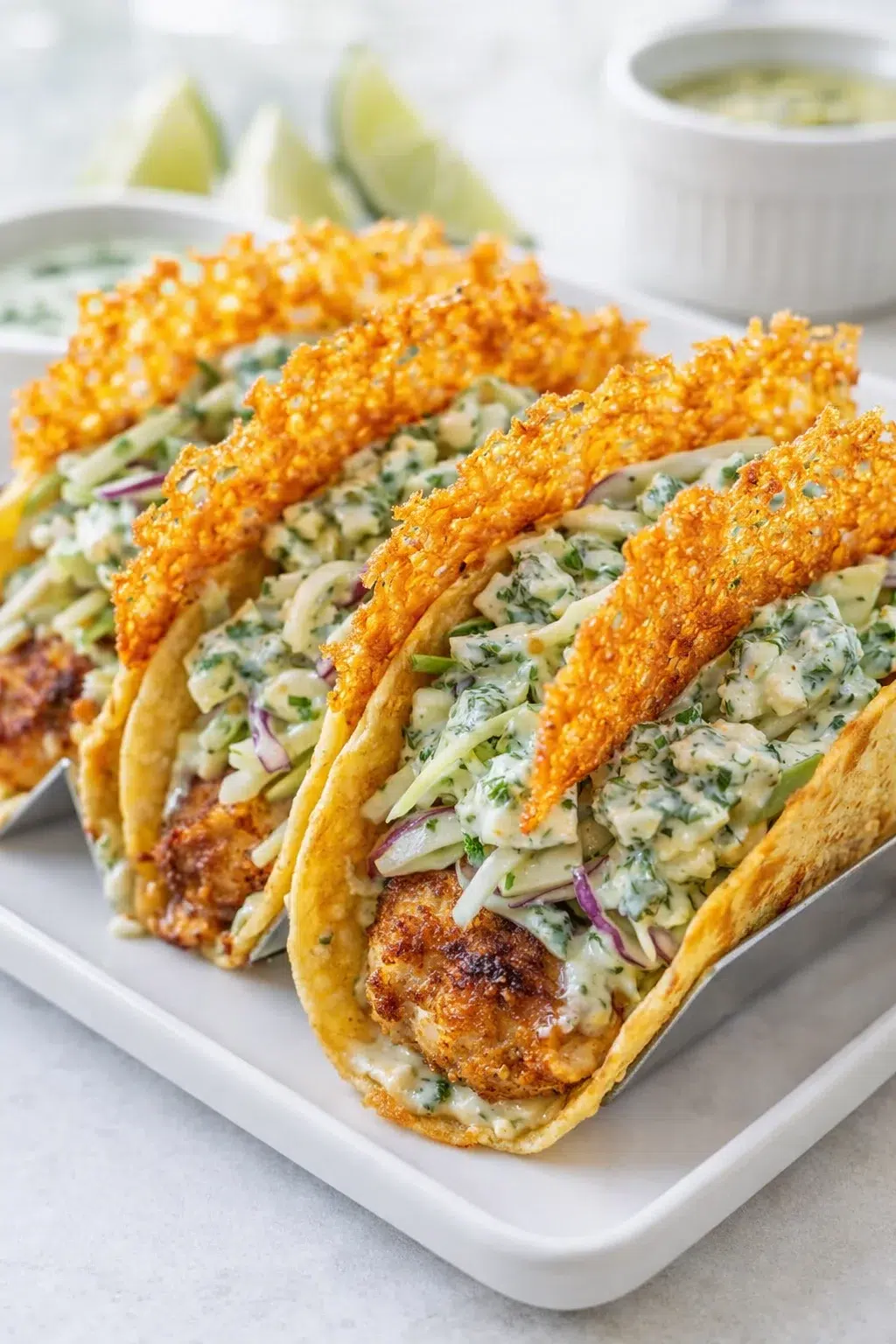 step-process-placeholder-9-9.png A crispy golden cheese lace being placed atop each assembled taco.
