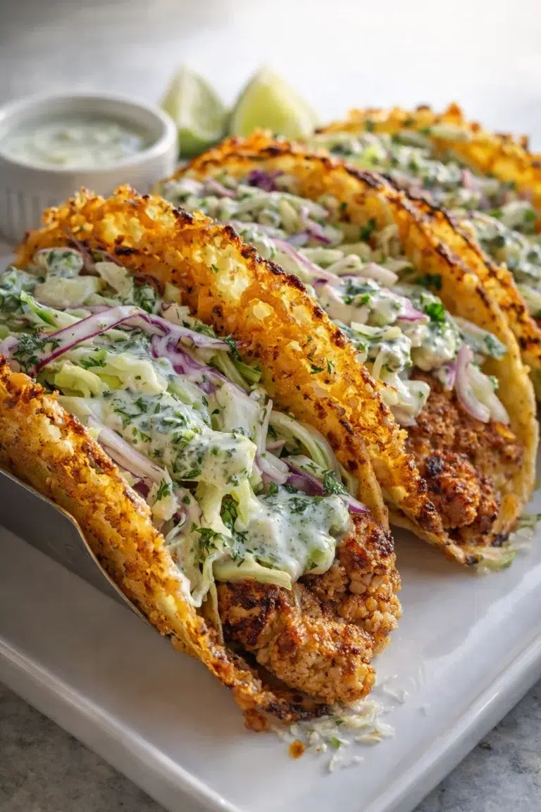 Final plated Dill Pickle Ranch Smash Chicken Tacos with Crispy Cheese Delight served as a hero shot