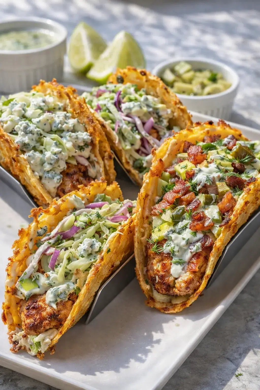 variations-placeholder.png Variation ideas for Dill Pickle Ranch Smash Chicken Tacos with Crispy Cheese Delight shown in a styled layout