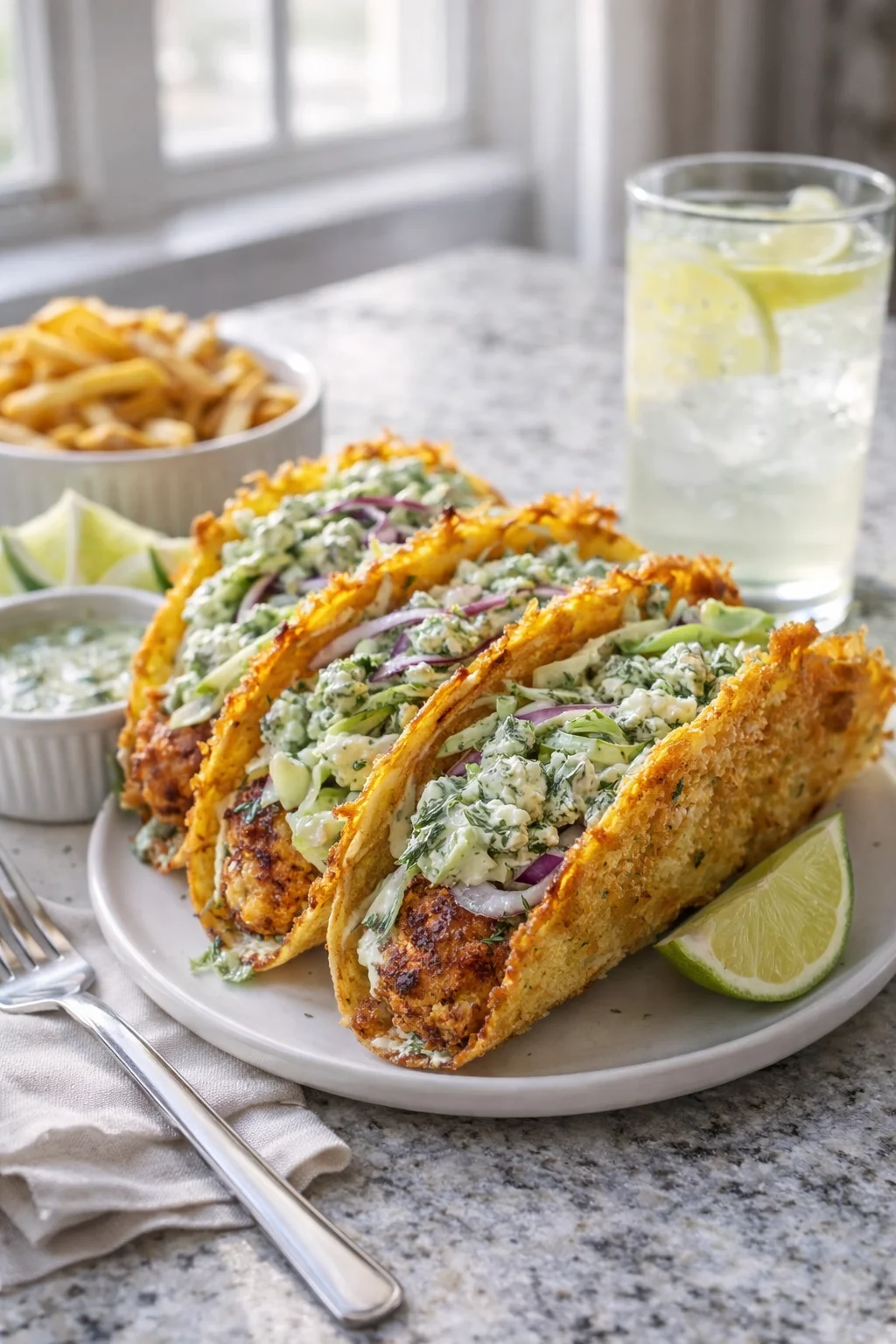 closing_final_dish-placeholder.png Alternative angle of Dill Pickle Ranch Smash Chicken Tacos with Crispy Cheese Delight served with a pairing