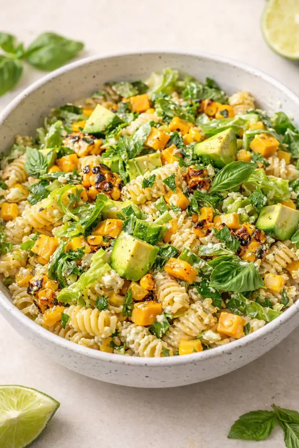 Warm pasta coated in creamy dressing mixed with romaine, charred corn, cheddar, herbs, and avocado
