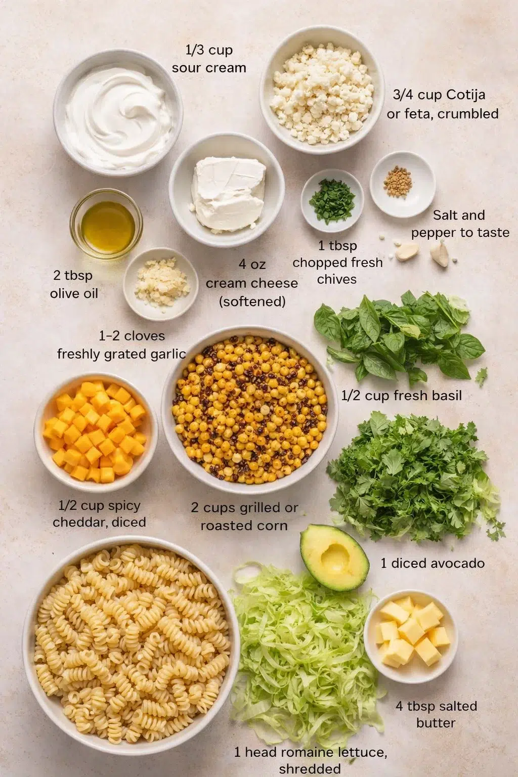 Measured ingredients arranged for Creamy Street Corn Pasta Salad: 1/3 cup sour cream, 4 oz cream cheese (softened to room temp makes mixing easy), 3/4 cup crumbled Cotija cheese (or feta if you want it milder), 2 tbsp ol