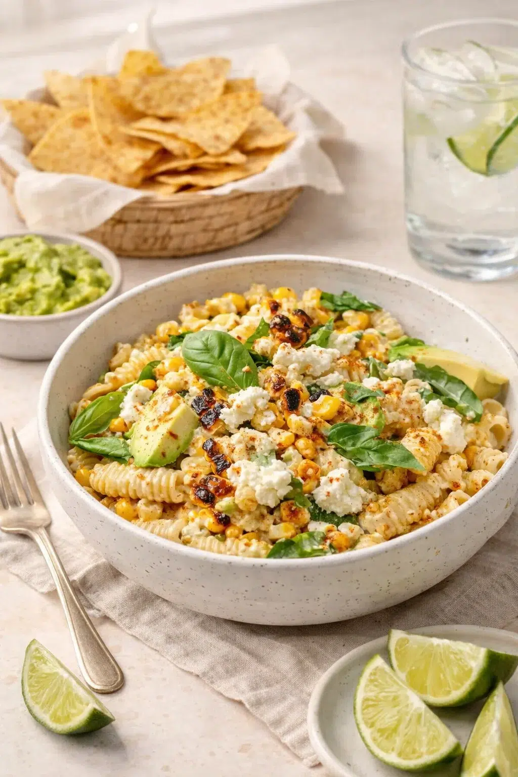 Alternative angle of Creamy Street Corn Pasta Salad served with a pairing