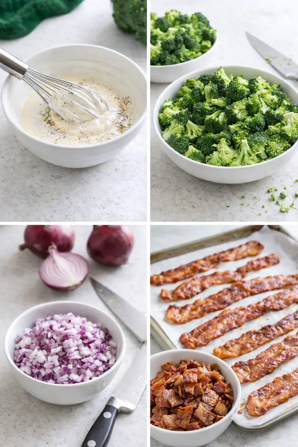 Small bowl of creamy dressing next to chopped broccoli, sliced red onion, and chopped crispy bacon.
