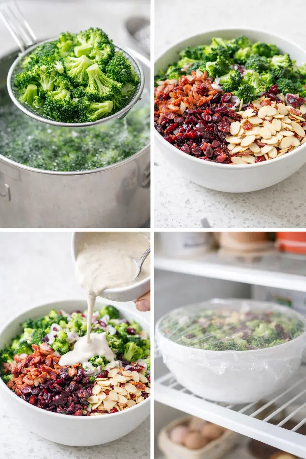 Large bowl with broccoli, red onion, bacon, cranberries, and almonds being tossed with dressing.