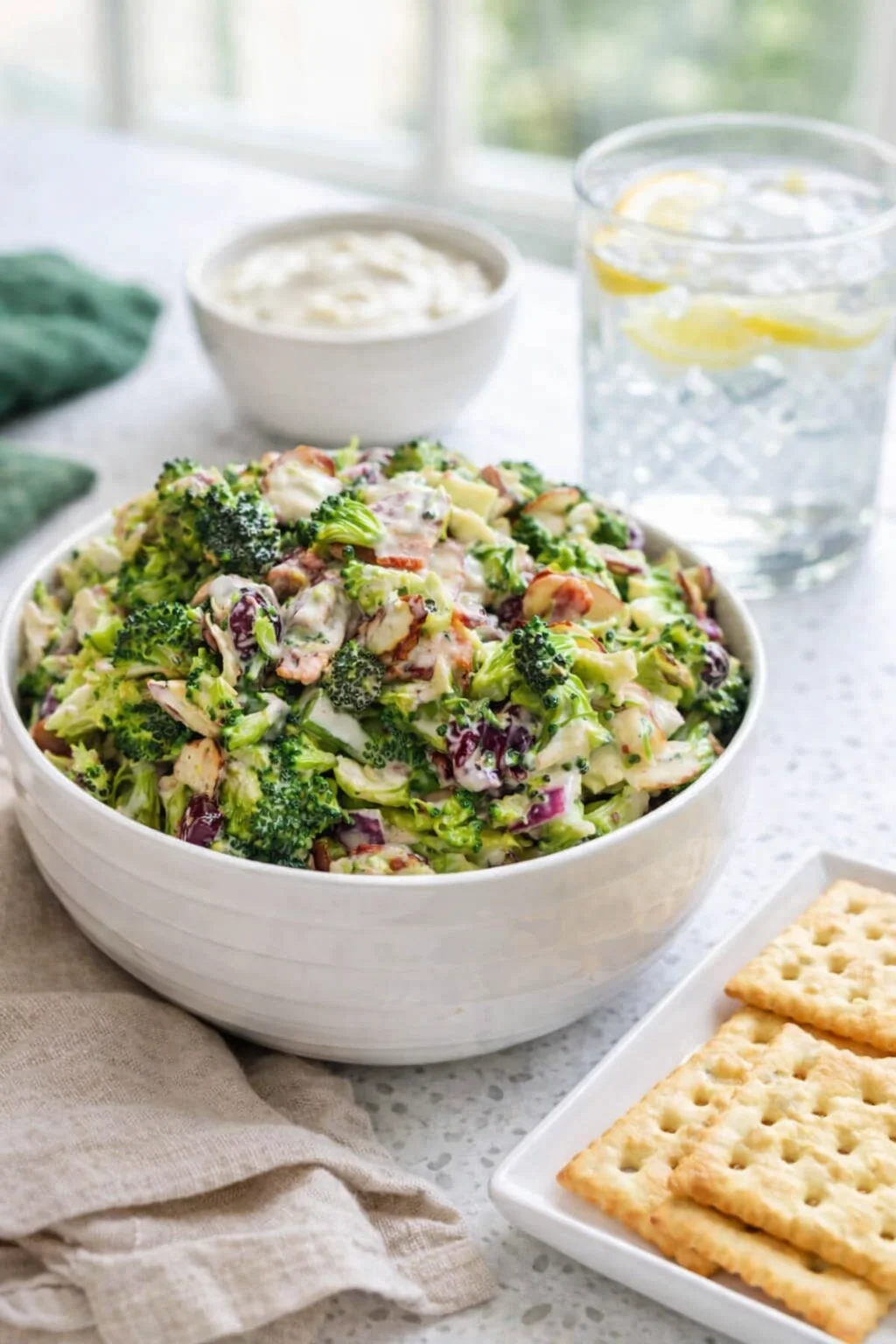 Alternative angle of Broccoli Salad served with a pairing