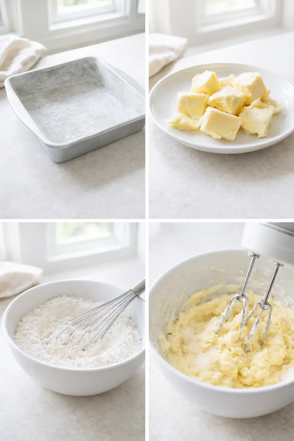 Greased 8x8 pan beside whisked dry ingredients and fluffy creamed butter-sugar in mixing bowl.