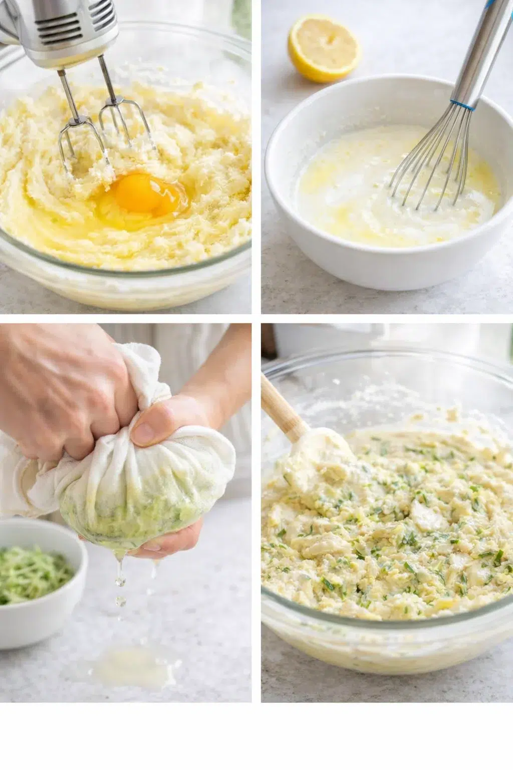 Beaten eggs incorporated into butter-sugar, nearby bowl of lemon-yogurt and squeezed grated zucchini.