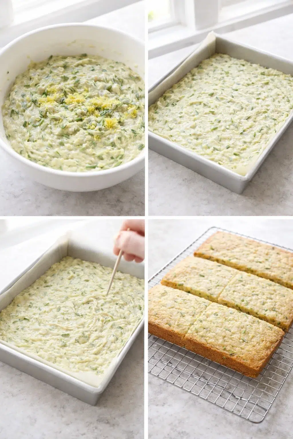Golden-baked lemon zucchini bars cooling on wire rack after being removed from the pan.